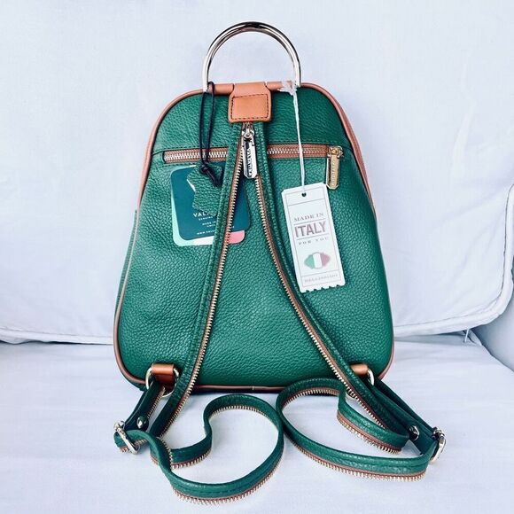 NWT Valentina Green Tan Italian Genuine Leather Convertible Sling Backpack Bag main image 4